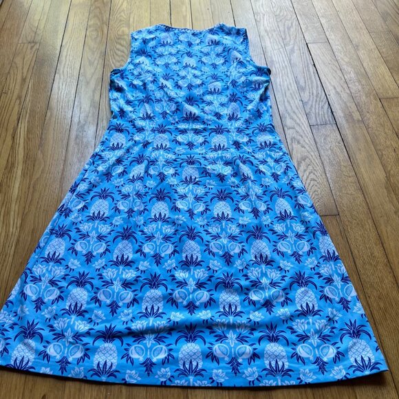 J. McLaughlin Size XS Blue Rue Pineapple Print Sleeveless Split Neck Shift Dress - Picture 11 of 13